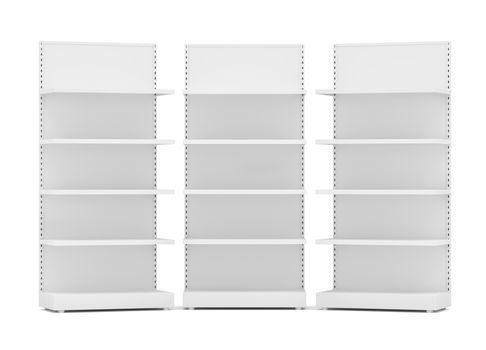 Three White Empty Retail Shelves. Front View. Isolated On White Background. 3D Illustration