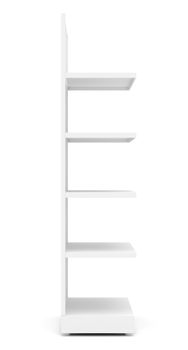 White Empty Retail Shelves. Side View. Isolated On White Background. 3D Illustration