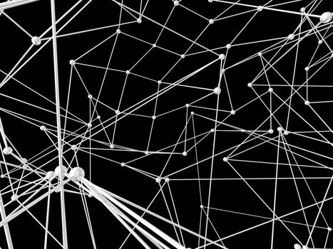 Lines and dots forming mesh. Background for communications or networks. White on black. 3D rendering
