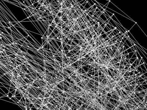 Lines and dots forming mesh. Background for communications or networks. White on black. 3D rendering