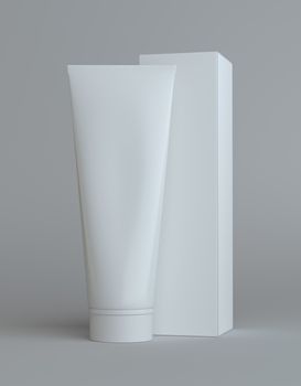 White cream bottle and tall white paper box for cosmetic packaging mock up. Gray background. 3D illustration