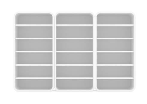 Three empty rotated retail shelves. Front view. Template. 3D Illustration, Isolated on white