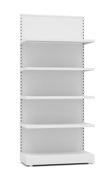 White Empty Retail Shelves. Front View. Isolated On White Background. 3D Illustration