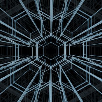 Abstract geometric pattern. Network connection on black background. 3D illustration