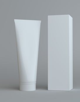 White cream bottle and tall white paper box for cosmetic packaging mock up. Gray background. 3D illustration