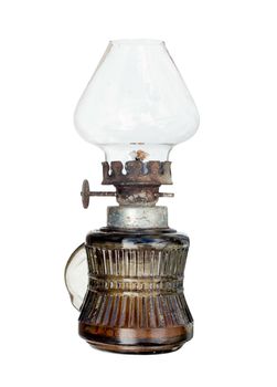 Old and used kerosene lamp on white background