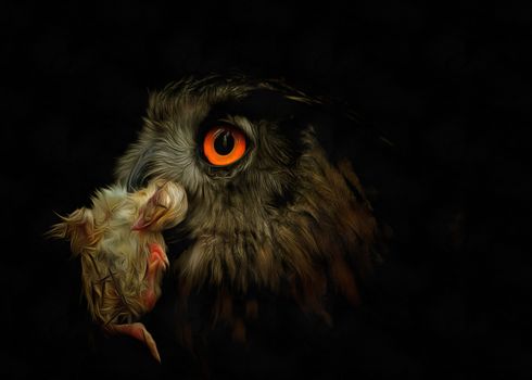 Detail of the head owl with prey - Owl with prey