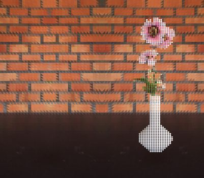 Vector illustration of pink flower in vase dot style on table and brick wall triangle pattern background