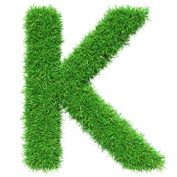 Green Grass Letter K. Isolated On White Background. Font For Your Design. 3D Illustration