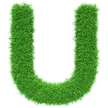 Green Grass Letter U. Isolated On White Background. Font For Your Design. 3D Illustration