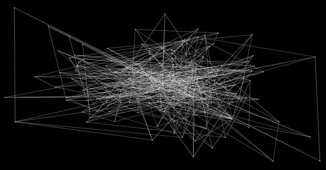 Lines and dots forming mesh. Background for communications or networks. White on black. 3D rendering