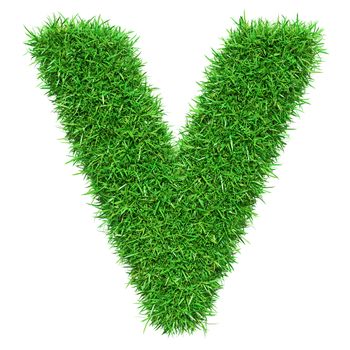 Green Grass Letter V. Isolated On White Background. Font For Your Design. 3D Illustration