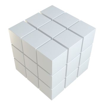 Abstract 3d illustration of cube assembling from blocks. Isolated on white. Template for your design