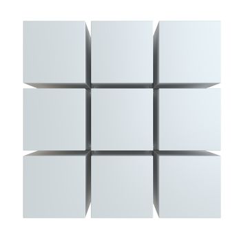 Abstract 3d illustration of cube assembling from blocks. Isolated on white. Template for your design