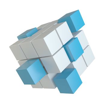 Abstract 3d illustration of cube assembling from blocks. Isolated on white. Template for your design