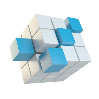 Abstract 3d illustration of cube assembling from blocks. Isolated on white. Template for your design