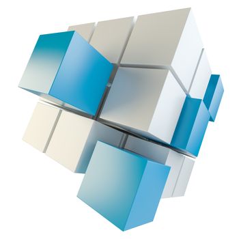 Abstract 3d illustration of cube assembling from blocks. Isolated on white. Template for your design