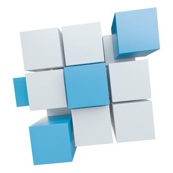 Abstract 3d illustration of cube assembling from blocks. Isolated on white. Template for your design