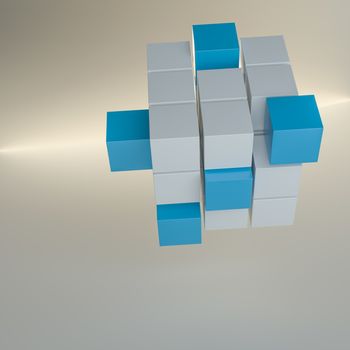 Abstract 3d illustration of cube assembling from blocks. Gray background with glow. Template for your design