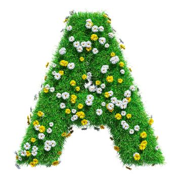 Letter A Of Green Grass And Flowers. Isolated On White Background. Font For Your Design. 3D Illustration