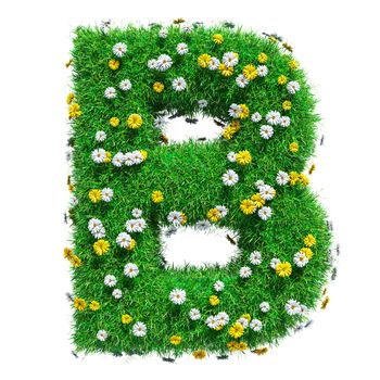 Letter B Of Green Grass And Flowers. Isolated On White Background. Font For Your Design. 3D Illustration