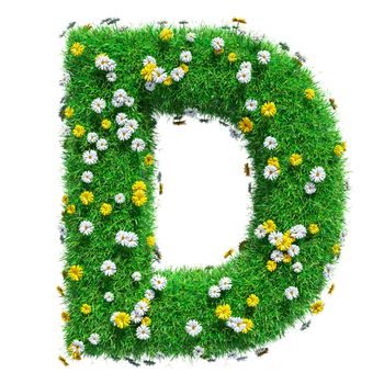 Letter D Of Green Grass And Flowers. Isolated On White Background. Font For Your Design. 3D Illustration