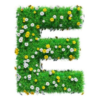 Letter E Of Green Grass And Flowers. Isolated On White Background. Font For Your Design. 3D Illustration