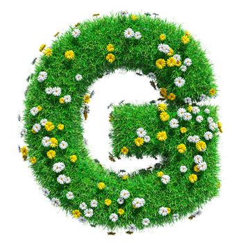 Letter G Of Green Grass And Flowers. Isolated On White Background. Font For Your Design. 3D Illustration