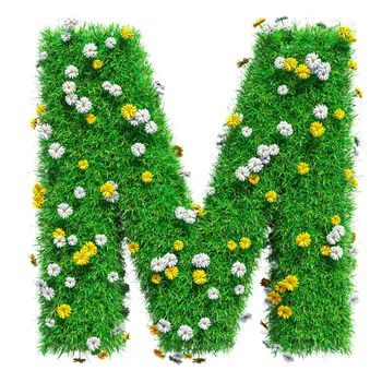 Letter M Of Green Grass And Flowers. Isolated On White Background. Font For Your Design. 3D Illustration