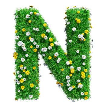 Letter N Of Green Grass And Flowers. Isolated On White Background. Font For Your Design. 3D Illustration