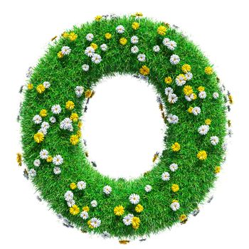 Letter O Of Green Grass And Flowers. Isolated On White Background. Font For Your Design. 3D Illustration