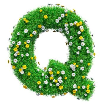 Letter Q Of Green Grass And Flowers. Isolated On White Background. Font For Your Design. 3D Illustration