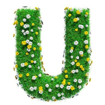 Letter U Of Green Grass And Flowers. Isolated On White Background. Font For Your Design. 3D Illustration