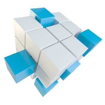 Abstract 3d illustration of cube assembling from blocks. Isolated on white. Template for your design