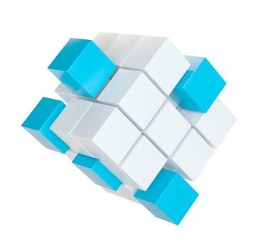 Abstract 3d illustration of cube assembling from blocks. Isolated on white. Template for your design