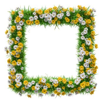 Green grass and flowers square frame with copy-space. Template isolated on white background. Symbol of nature and eco design. 3D Illustration