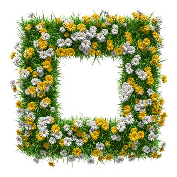 Flowers and green grass frame, top view on white background. Template for your design. 3D illustration
