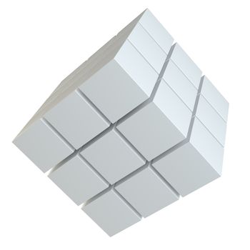 Abstract 3d illustration of cube assembling from blocks. Isolated on white. Template for your design