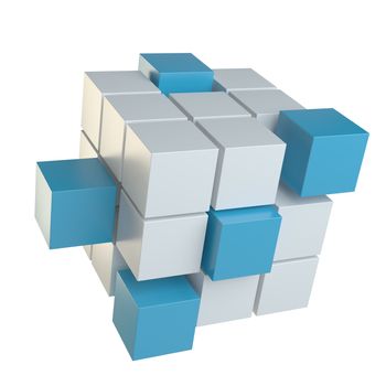 Abstract 3d illustration of cube assembling from blocks. Isolated on white. Template for your design