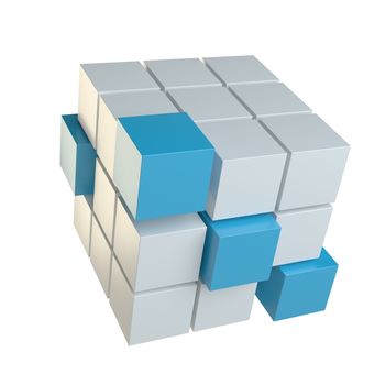 Abstract 3d illustration of cube assembling from blocks. Isolated on white. Template for your design