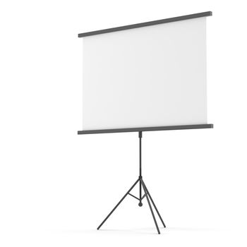 Blank projection screen on tripod. Isolated on white. 3D illustration