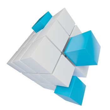 Abstract 3d illustration of cube assembling from blocks. Isolated on white. Template for your design