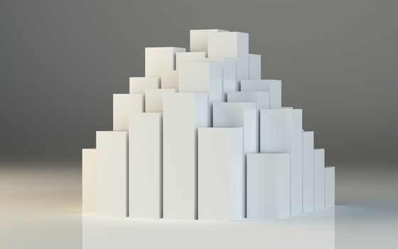 Abstract 3d illustration of white boxes and gray gradient background. Beautiful studio lighting