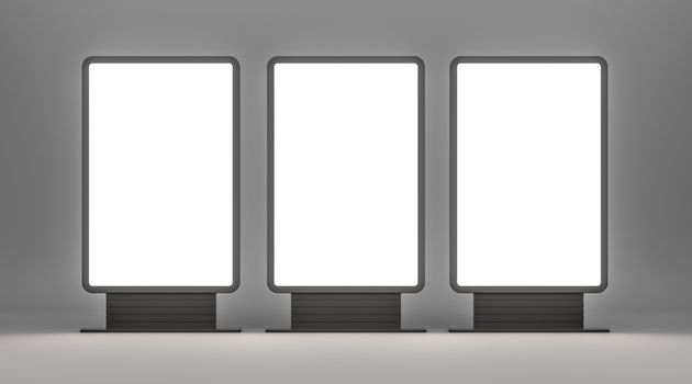 Vertical blank outdoor Lightboxes. Gray studio gradient background. 3D illustration