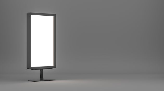 Blank billboard with copy space for your content. Empty Lightboxe on gray studio gradient background. 3D Rendering