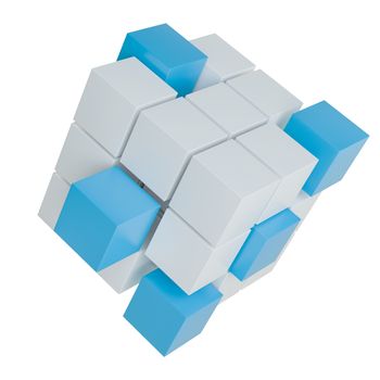 Abstract 3d illustration of cube assembling from blocks. Isolated on white. Template for your design