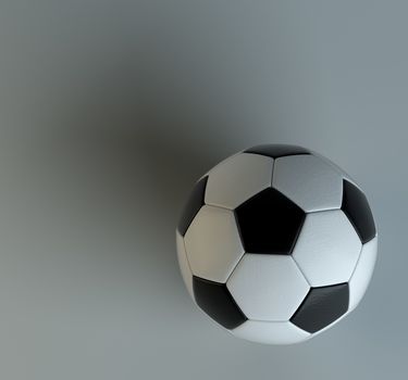 Classic soccer ball. 3D Illustration. Gray gradient studio background. Top view
