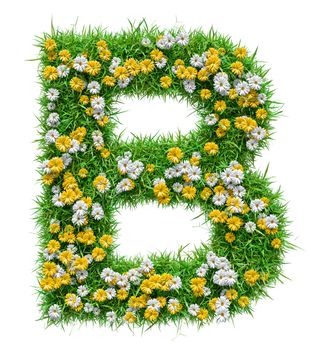 Letter B Of Green Grass And Flowers. Isolated On White Background. Font For Your Design. 3D Illustration