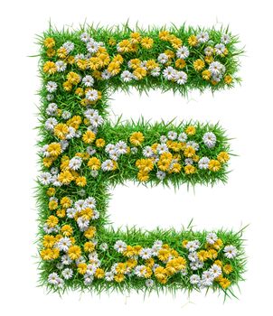 Letter E Of Green Grass And Flowers. Isolated On White Background. Font For Your Design. 3D Illustration