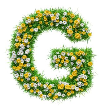 Letter G Of Green Grass And Flowers. Isolated On White Background. Font For Your Design. 3D Illustration